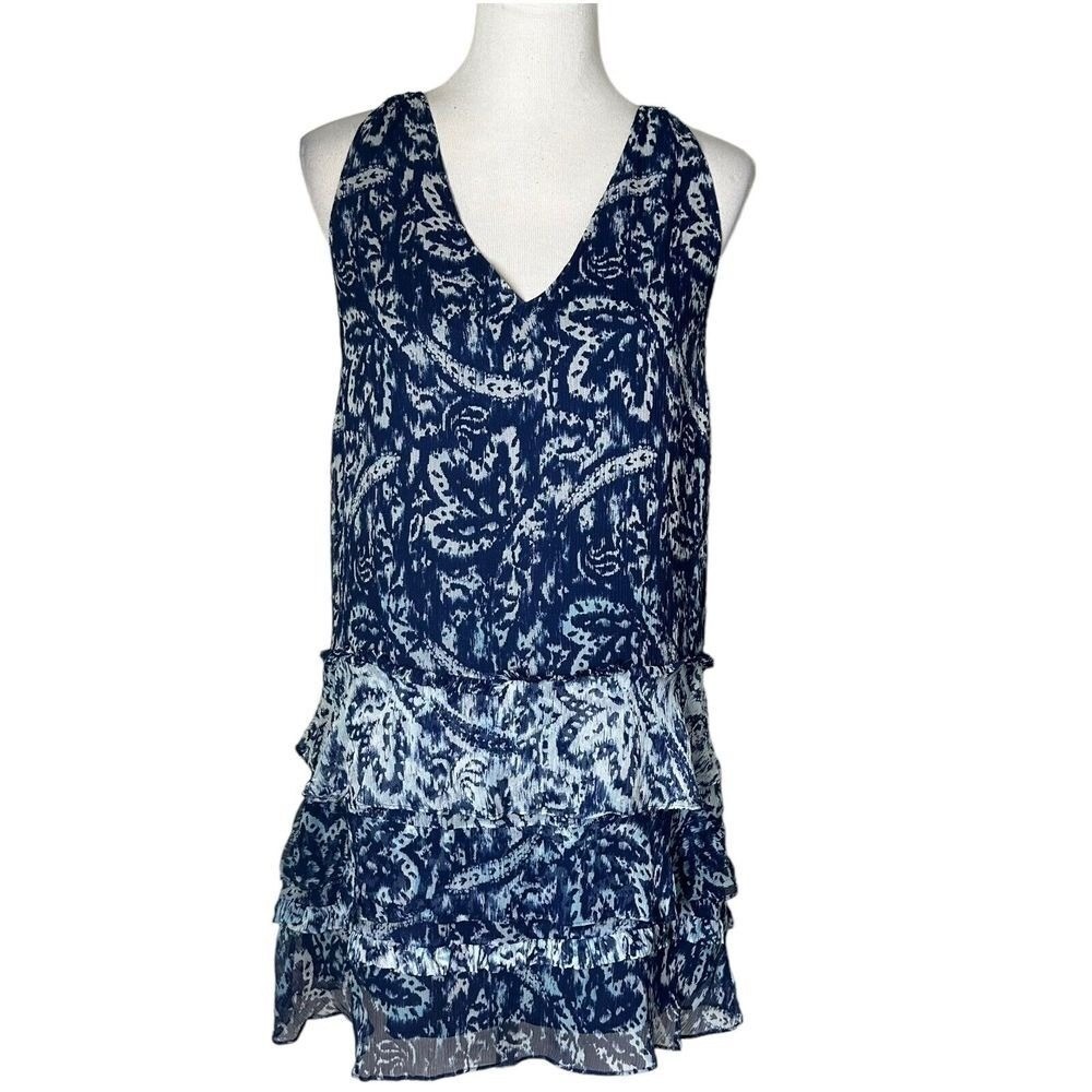 Ramy Brook Silk Tiered Mini Dress Blue Size M Paisley Floral Ruffle Layered BOHO
